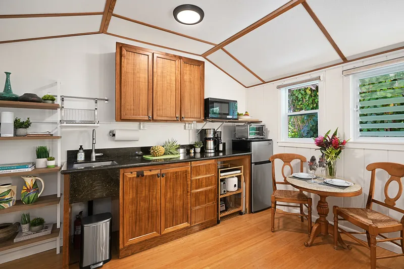 Kitchen and dining area at Fern Grotto Inn, Kapaa, Kauai