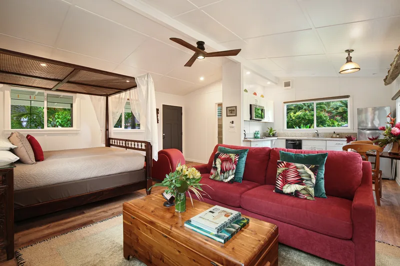 Bedroom with garden views at Fern Grotto Inn, Kapaa, Kauai